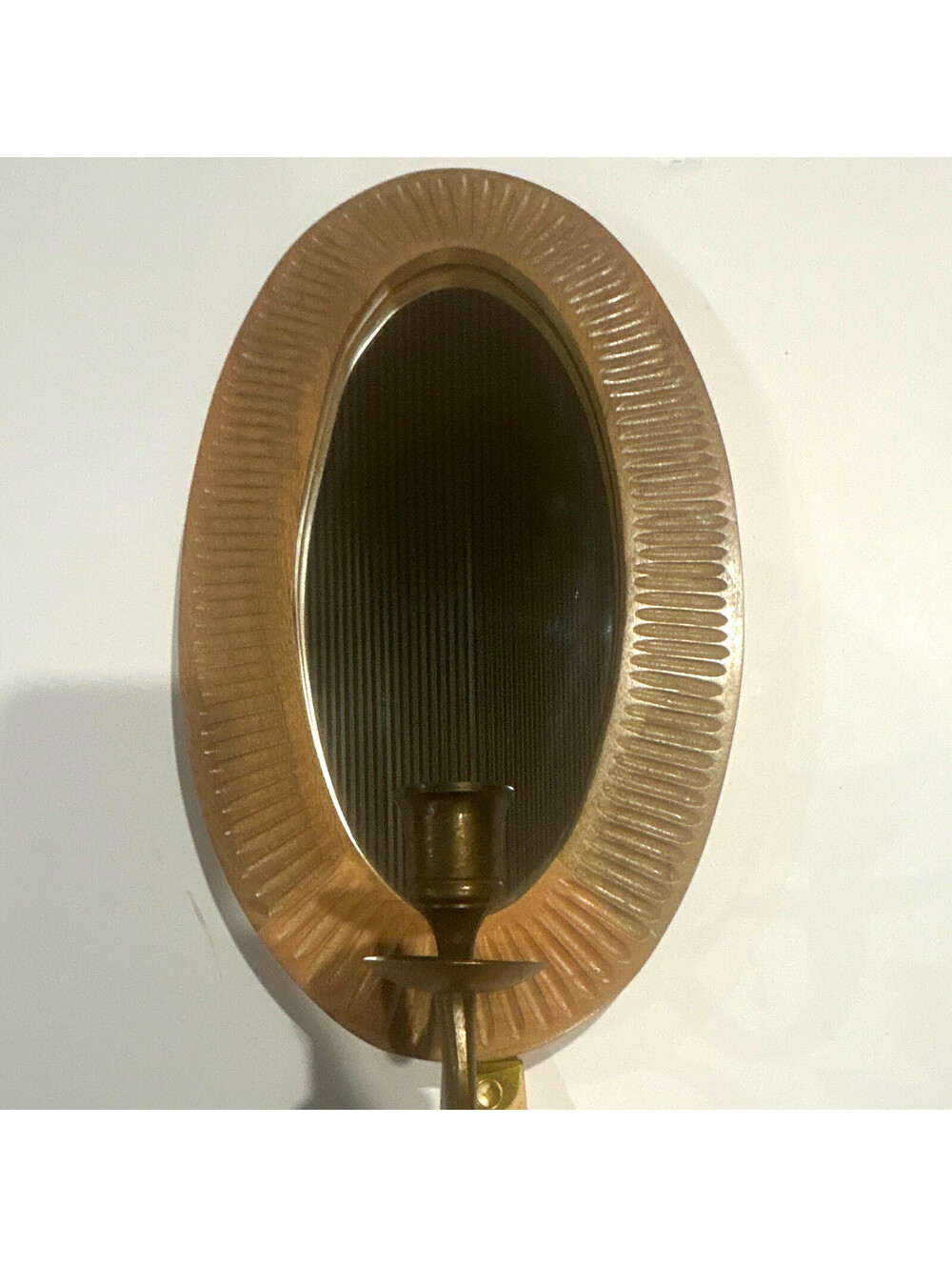 Brown Oval Wood Frame Wall Mounted Accent Mirror w/ Candle Holder Wall Sconce